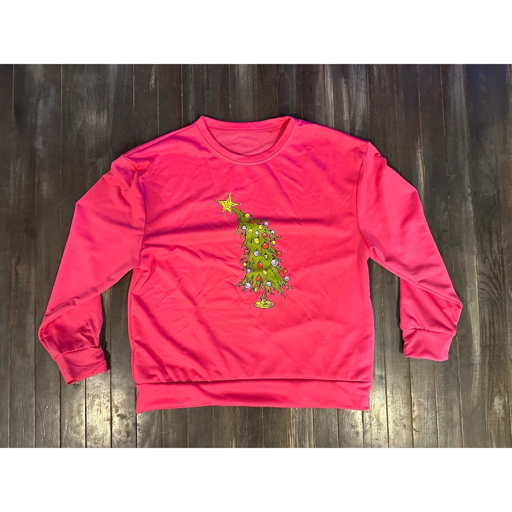 Pink Christmas Tree Graphic Sweatshirt Womens Holiday Crewneck Pullover Hot Pink